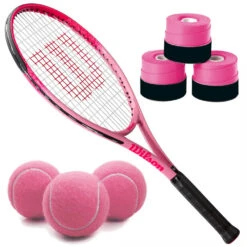 Wilson Burn Pink Girls’ Tennis Racquet Bundled With 3 Pink Overgrips And A Can Of Pink Tennis Balls