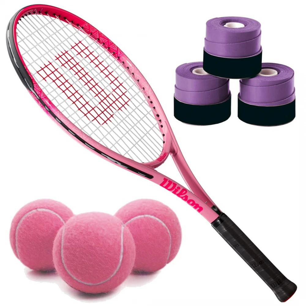 Wilson Burn Pink Girls’ Tennis Racquet Bundled With 3 Purple Overgrips And A Can Of Pink Tennis Balls